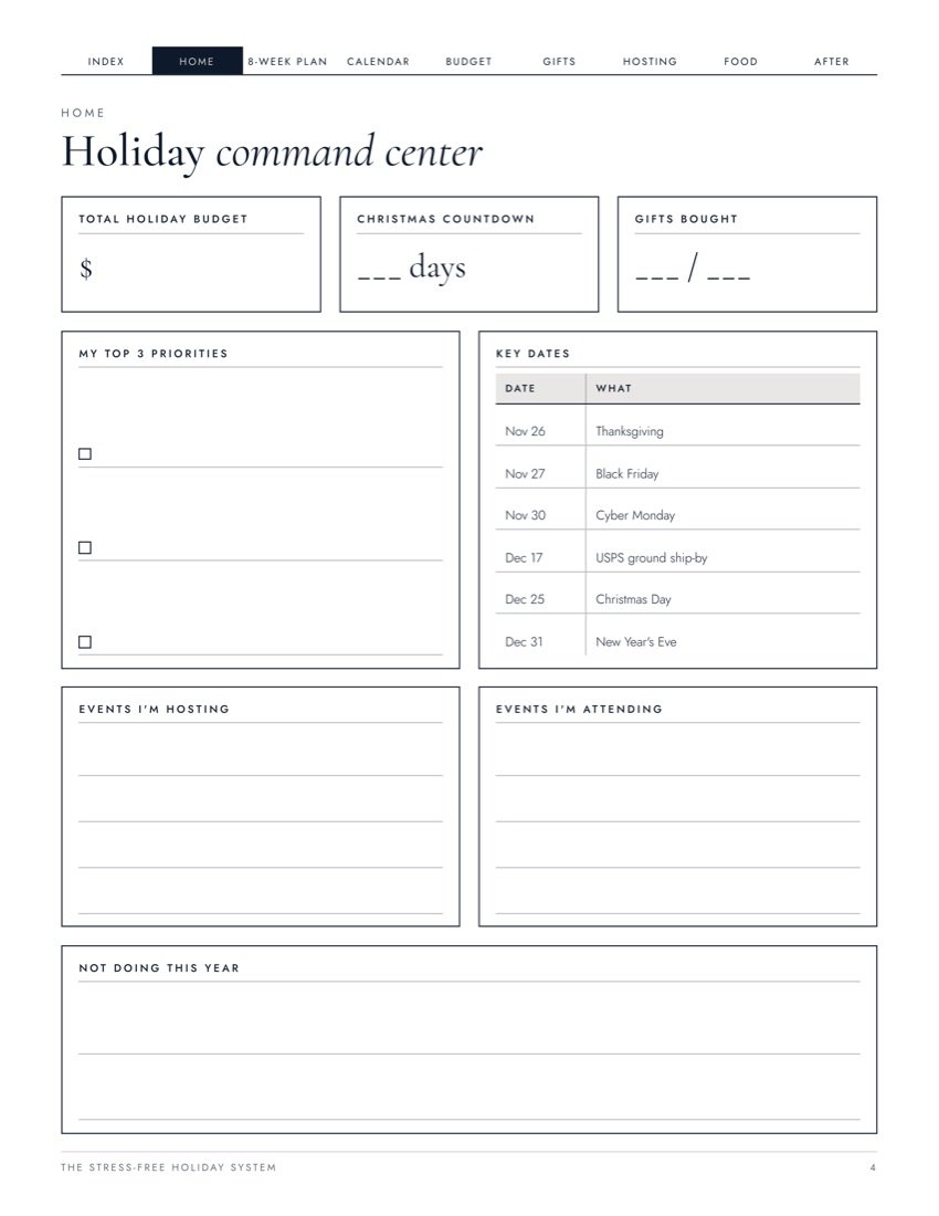 Holiday command center page
